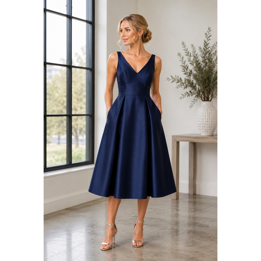 Alfred Sung Midnight Blue Satin Cocktail Dress D768 NWT Size 8R